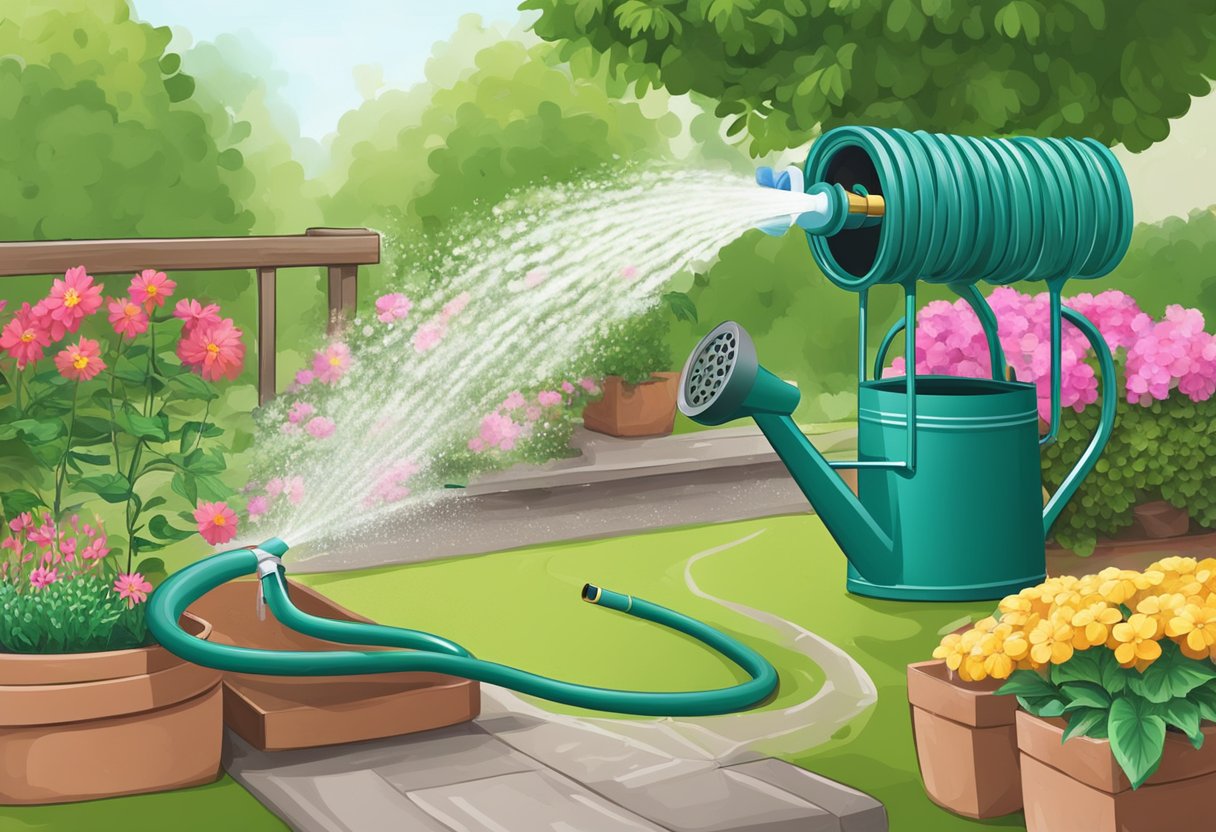 A garden hose spraying water over various plants and flowers, with a watering can nearby. A drip irrigation system is set up in the background