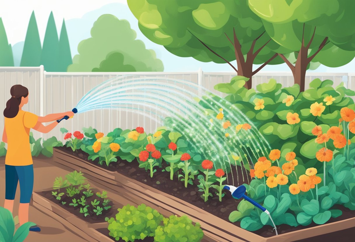 A garden hose sprays water onto a variety of plants. A drip irrigation system runs along the garden beds. A person adjusts a sprinkler head for even coverage