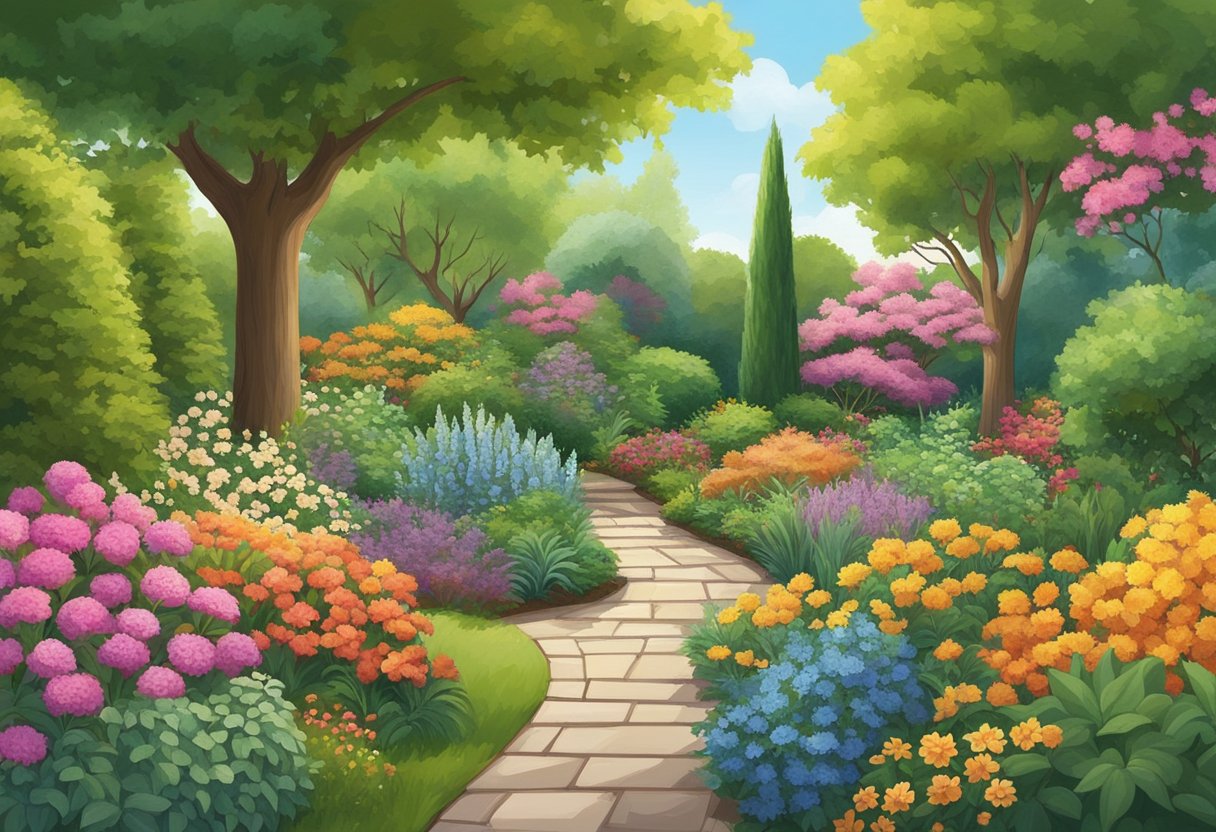 A lush garden with trees and shrubs in various stages of growth, surrounded by colorful flowers and foliage. The scene depicts different seasons, showcasing the need for seasonal pruning and maintenance