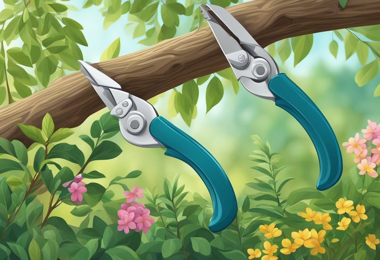 A pair of pruning shears cutting back overgrown branches on a leafy tree in a vibrant garden setting, with a variety of shrubs and plants in the background