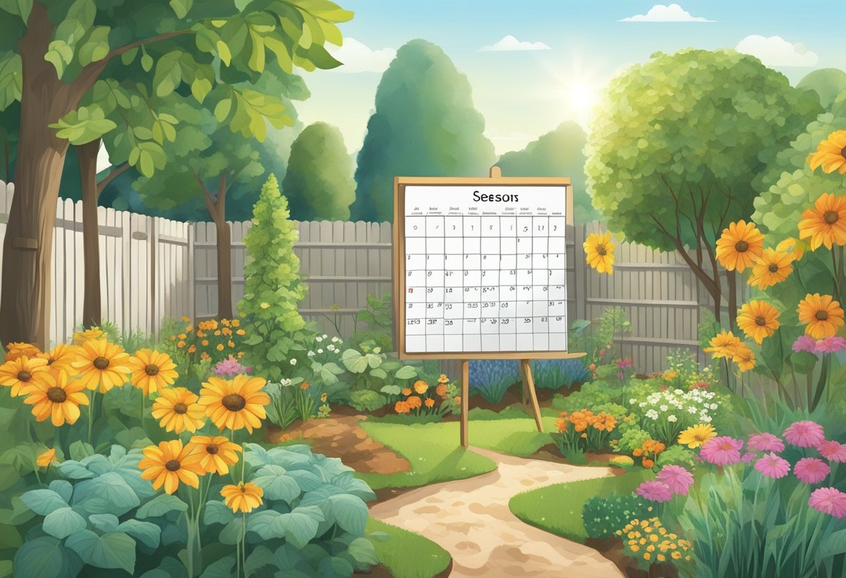 Sunlight filters through the trees onto a garden plot. A calendar shows the changing seasons. Tools and seed packets wait nearby