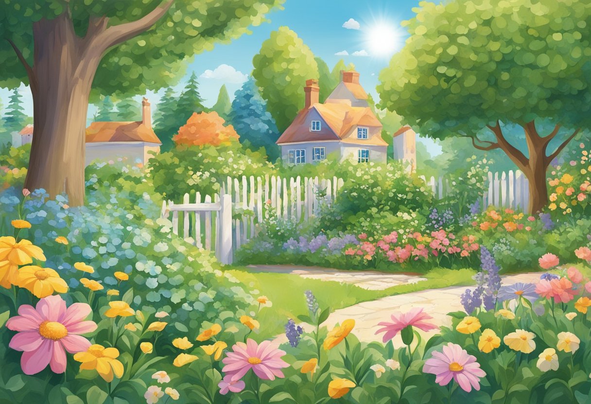 A sunny garden with blooming flowers and lush greenery, surrounded by a clear blue sky. A calendar with the words "Timing for Success" is prominently displayed