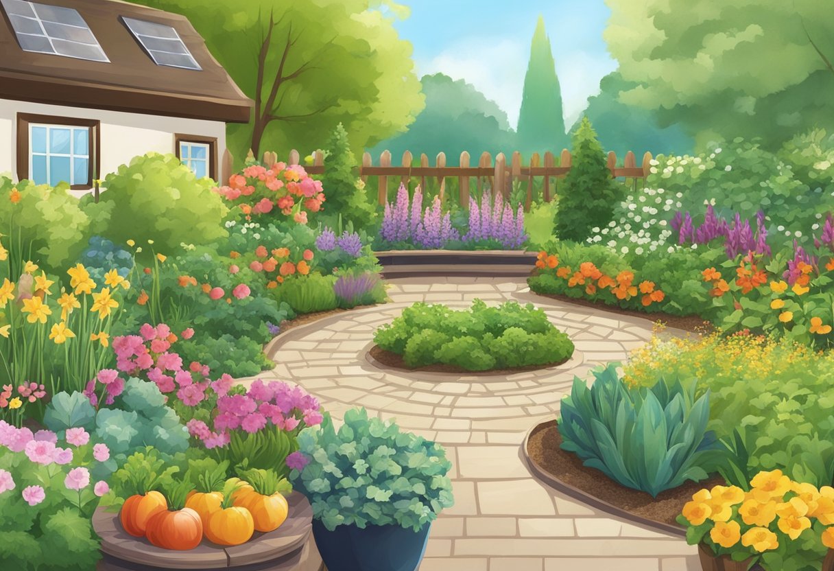 A sunny garden with a variety of plants, flowers, and vegetables arranged in a well-designed layout. A calendar or planner is visible, indicating the importance of timing for successful garden planning