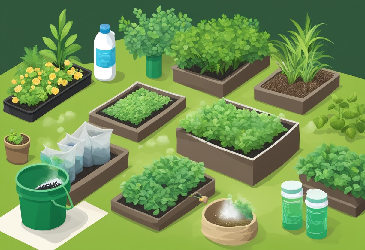 Lush green plants surrounded by various fertilizer bags and nutrient bottles, with a clear diagram showing the process of feeding plants