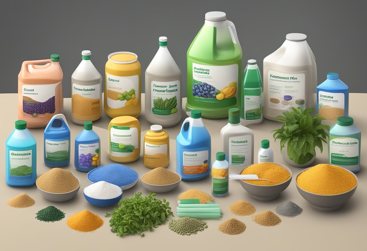 A variety of fertilizers and nutrients are displayed on a table, with bags, bottles, and containers labeled with different types and formulas