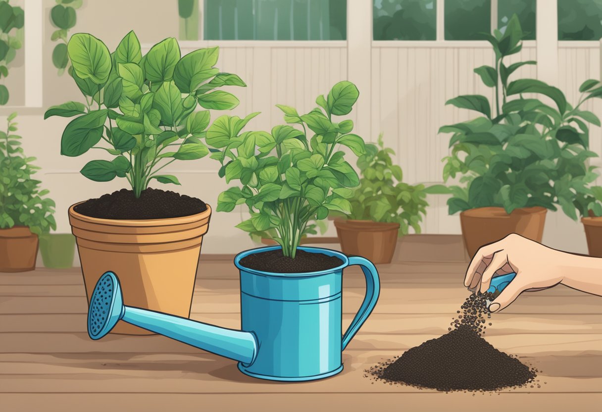 A hand holding a bag of fertilizer, pouring it onto soil in a potted plant. A watering can nearby, with the title "Understanding Fertilizers and Nutrients" displayed