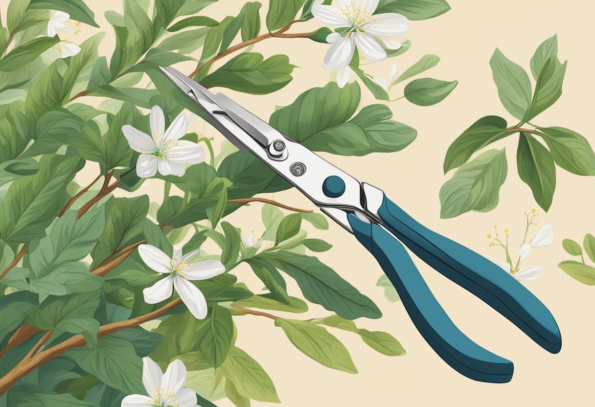 A pair of pruning shears cutting back overgrown branches from a lush, flowering plant. A gardening book titled "When and How to Prune Your Plants" lies open nearby