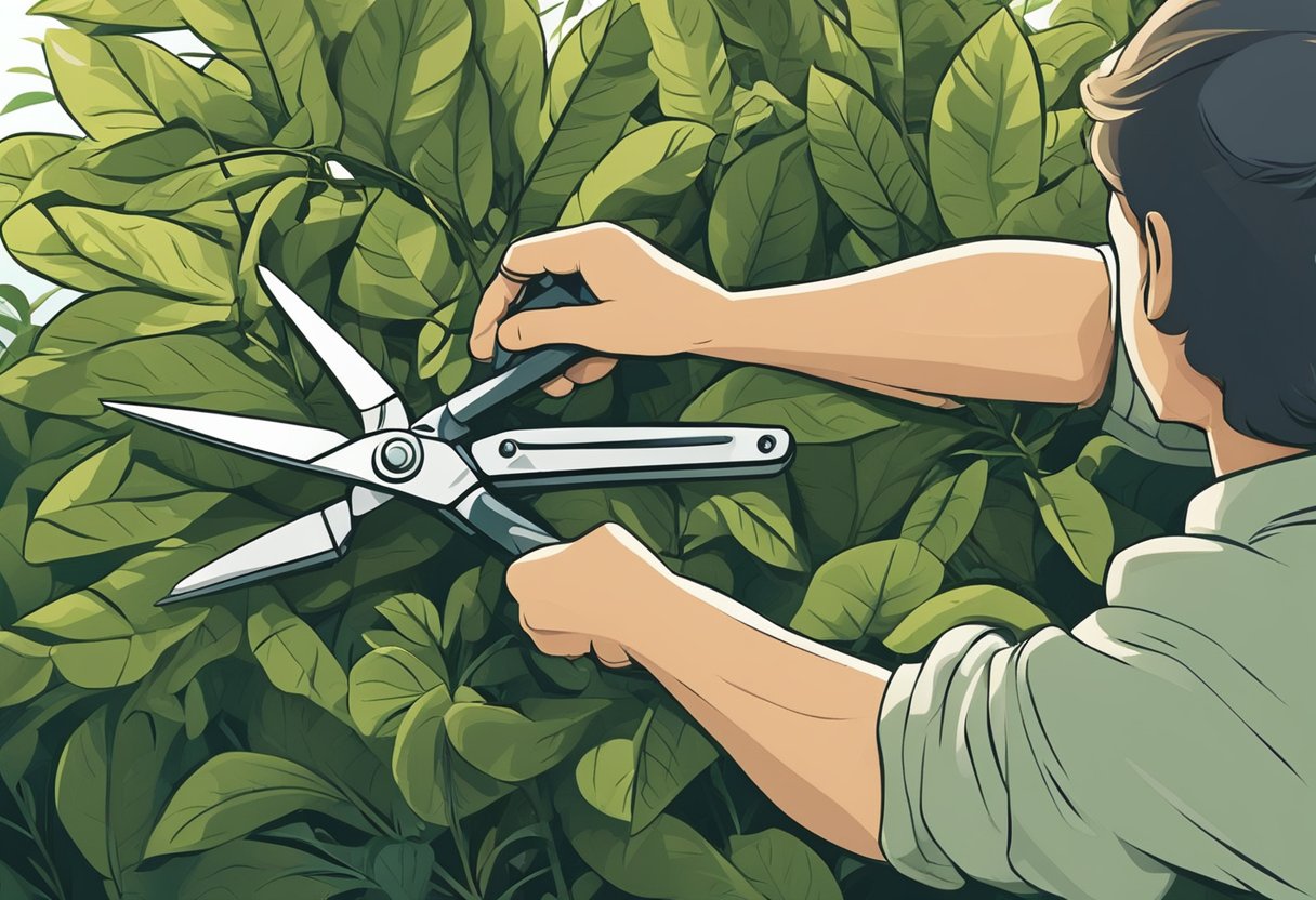 A pair of gardening shears snipping a branch from a lush, leafy plant. The sun casts long shadows as the gardener carefully trims away dead or overgrown branches