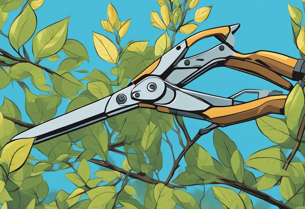 A pair of pruning shears cutting through overgrown branches on a bush, with a clear blue sky in the background