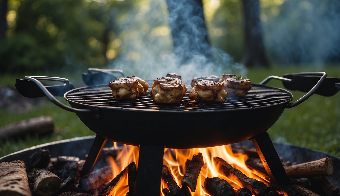 A sizzling grill sits atop a crackling campfire, surrounded by lush green trees and a clear blue sky. The smoke from the grill wafts into the air, carrying the mouthwatering aroma of cooking food