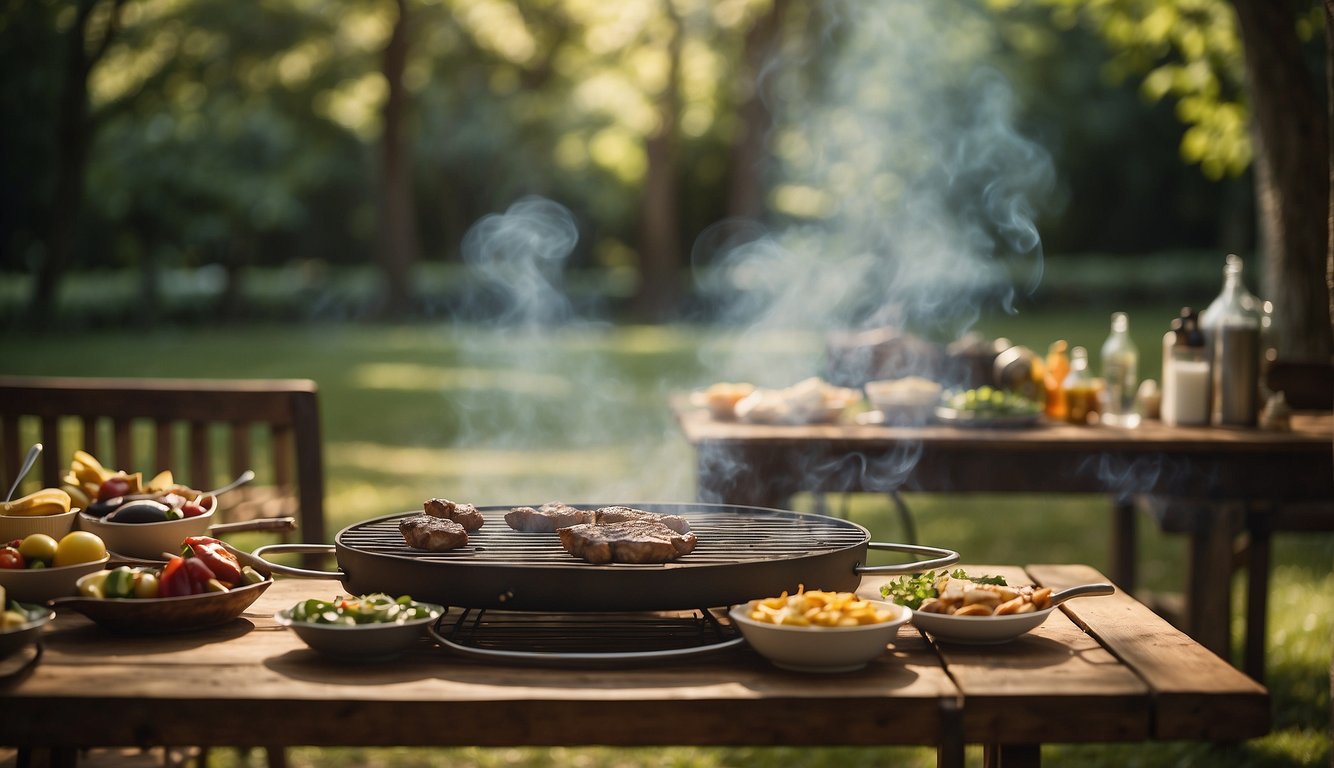 A sizzling grill with smoke rising, surrounded by lush greenery and towering trees in the background. A picnic table with grilling utensils and condiments nearby