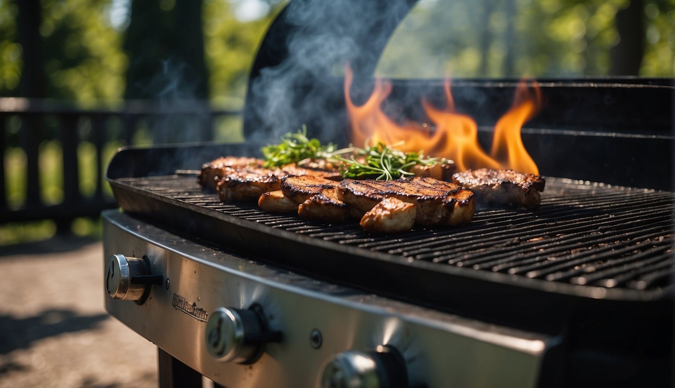 A grill sizzling with smoke, set against a backdrop of lush green trees and a clear blue sky. The flames dance and flicker as food cooks to perfection