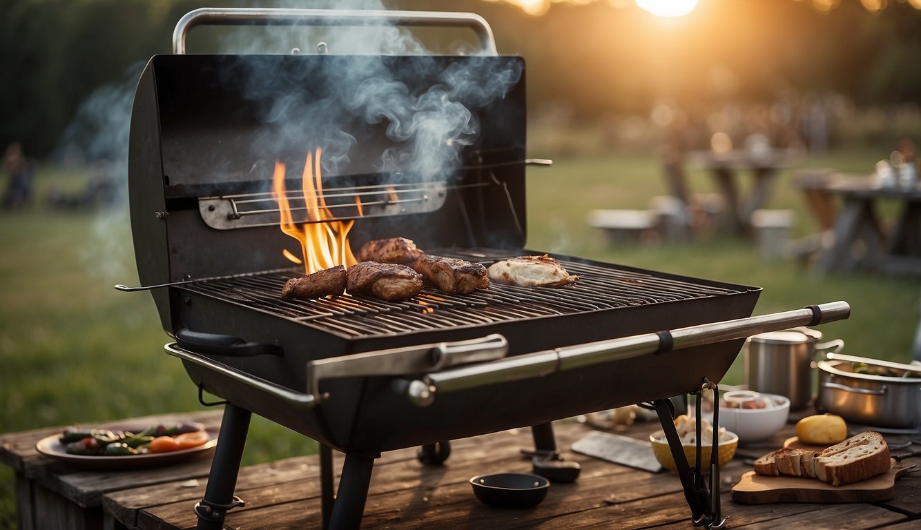 A rustic outdoor scene with a roaring grill, surrounded by various grilling tools such as tongs, spatula, and brushes. Smoke billows from the grill as the sun sets in the background