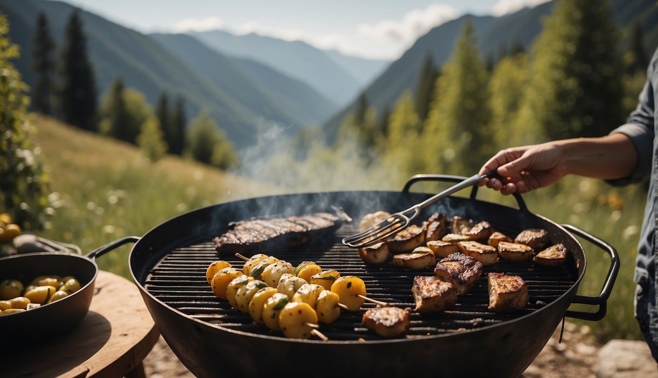 A rustic outdoor grilling scene with a roaring fire, sizzling food on the grill, and a picturesque natural backdrop of mountains and trees