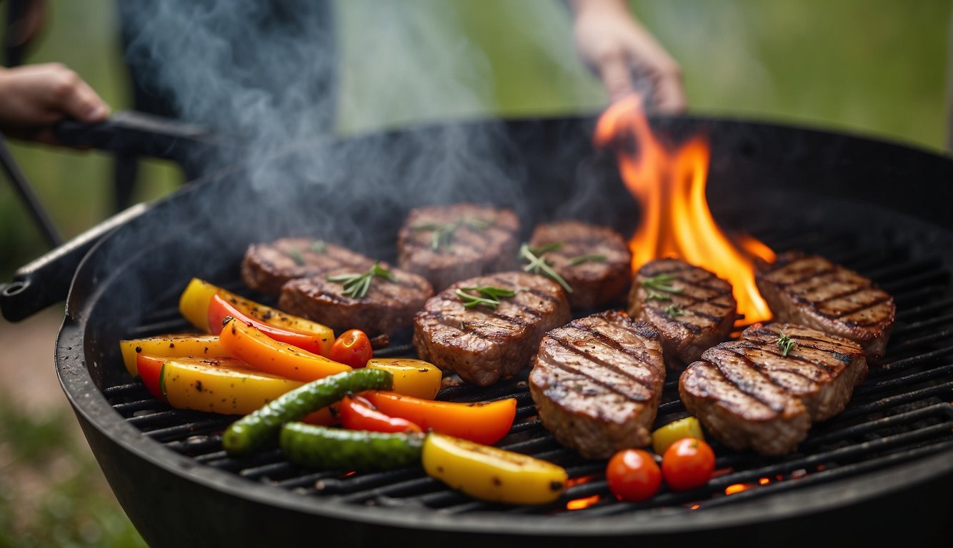 A grill sizzles with an array of foods: juicy steaks, colorful vegetables, and sizzling sausages. Smoke rises from the open flames, surrounded by the beauty of nature