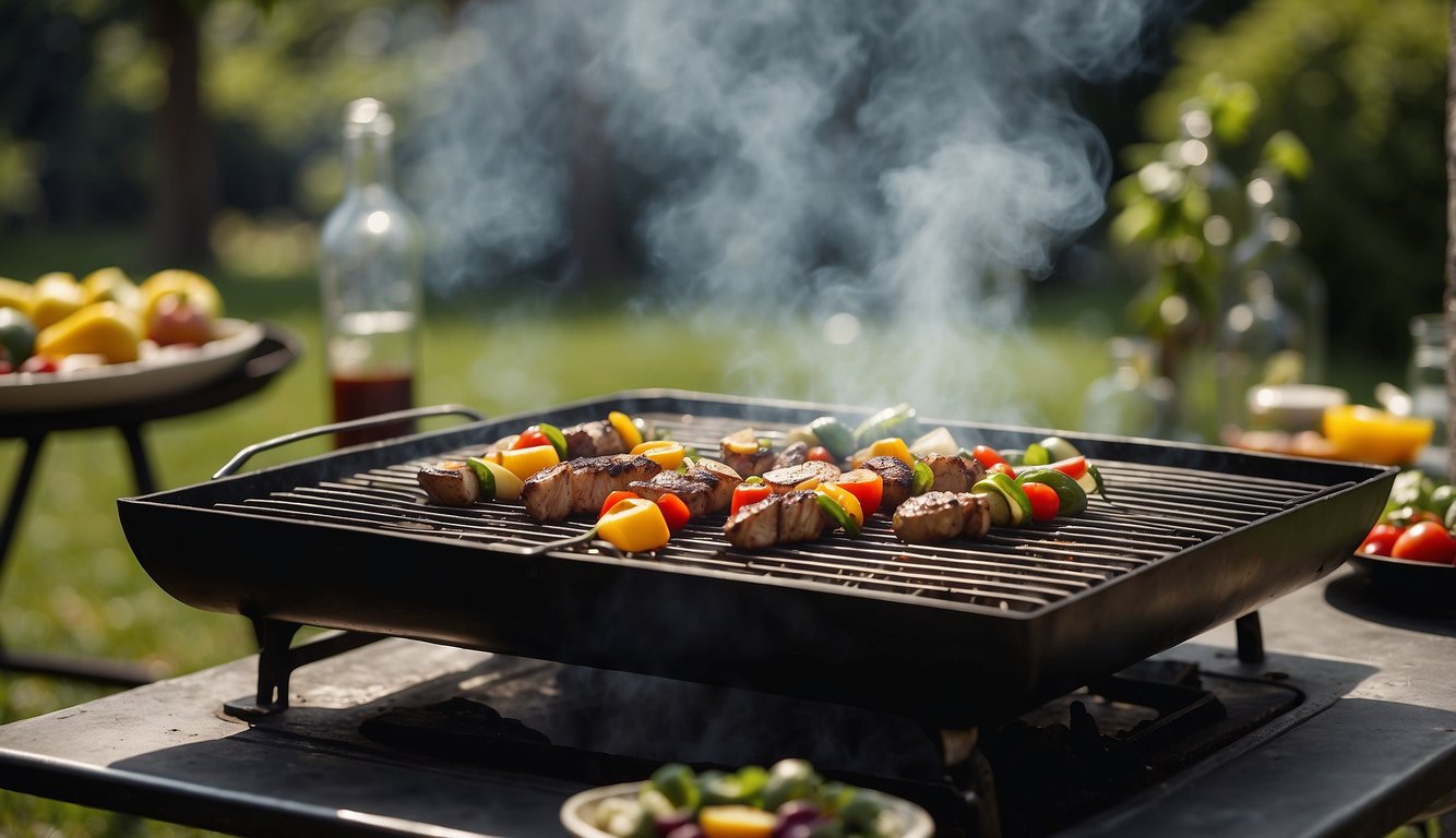 A sizzling grill surrounded by a lush outdoor setting with a variety of fresh ingredients and utensils ready for use. Smoke rises from the grill, adding to the ambiance of the scene