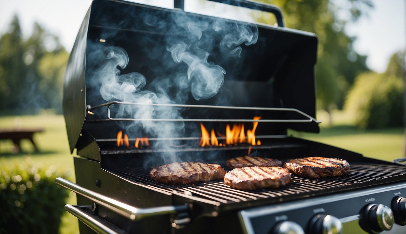 A sunny day with a clear blue sky, a large grill sizzling with smoke, surrounded by lush green trees and a serene outdoor setting