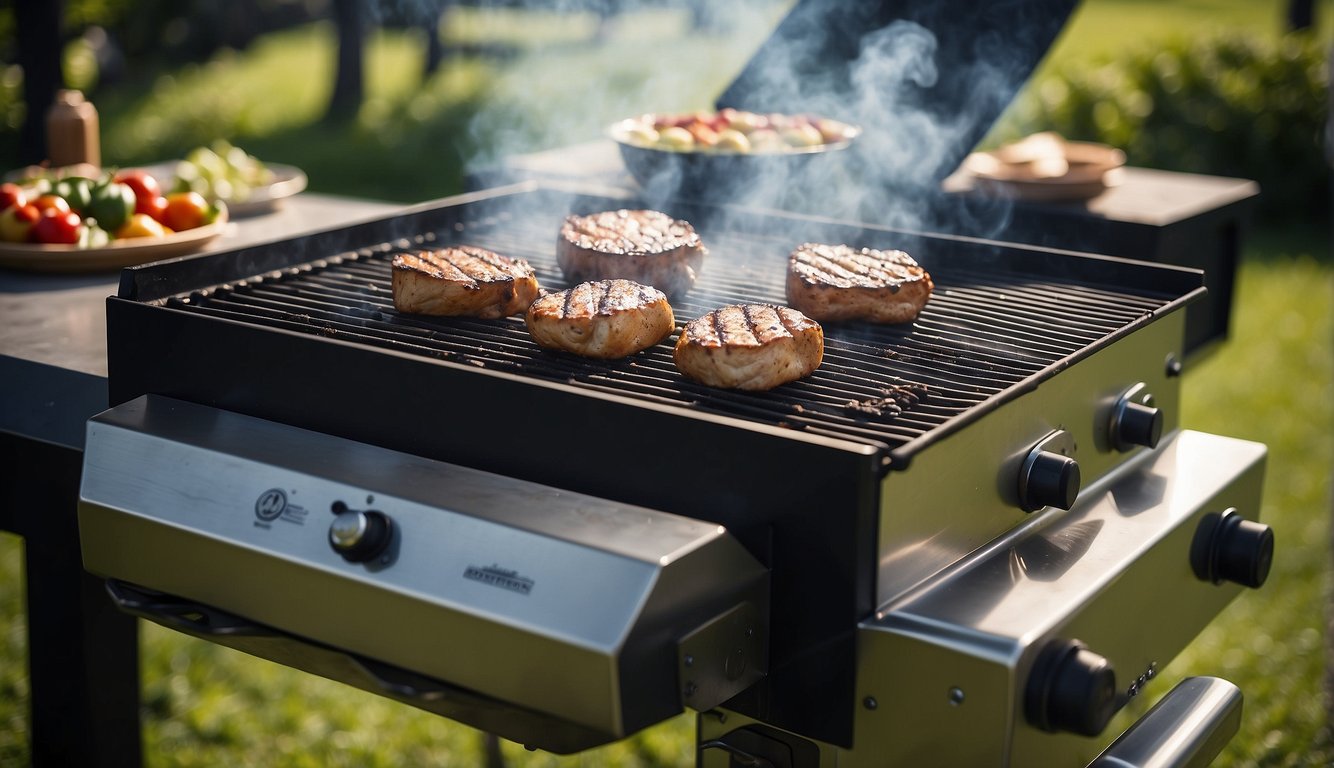 A grill sizzling with smoke, surrounded by lush greenery and a clear blue sky, with the aroma of barbecue wafting through the air