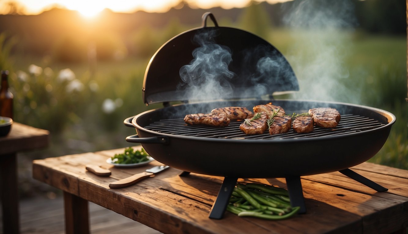 A grill sits on a rustic wooden table, surrounded by various grilling utensils and seasonings. Smoke rises from the grill as the sun sets over a serene outdoor setting