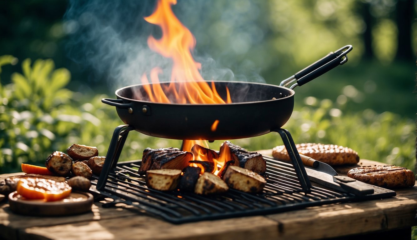 A roaring campfire surrounded by a variety of grilling tools and utensils, with a backdrop of lush green trees and a clear blue sky