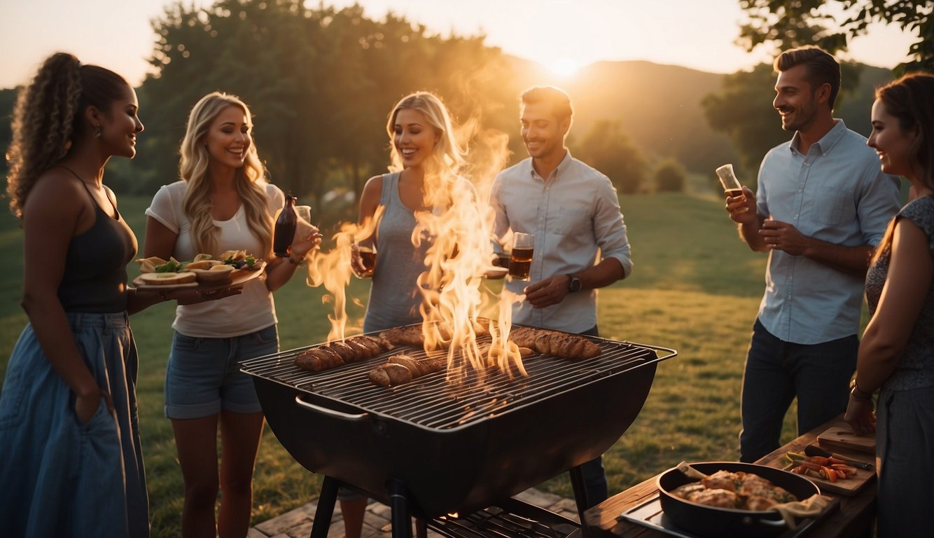 A group of people gather around a large grill in a scenic outdoor setting, with smoke billowing from the sizzling food. The sun is setting, casting a warm glow over the scene