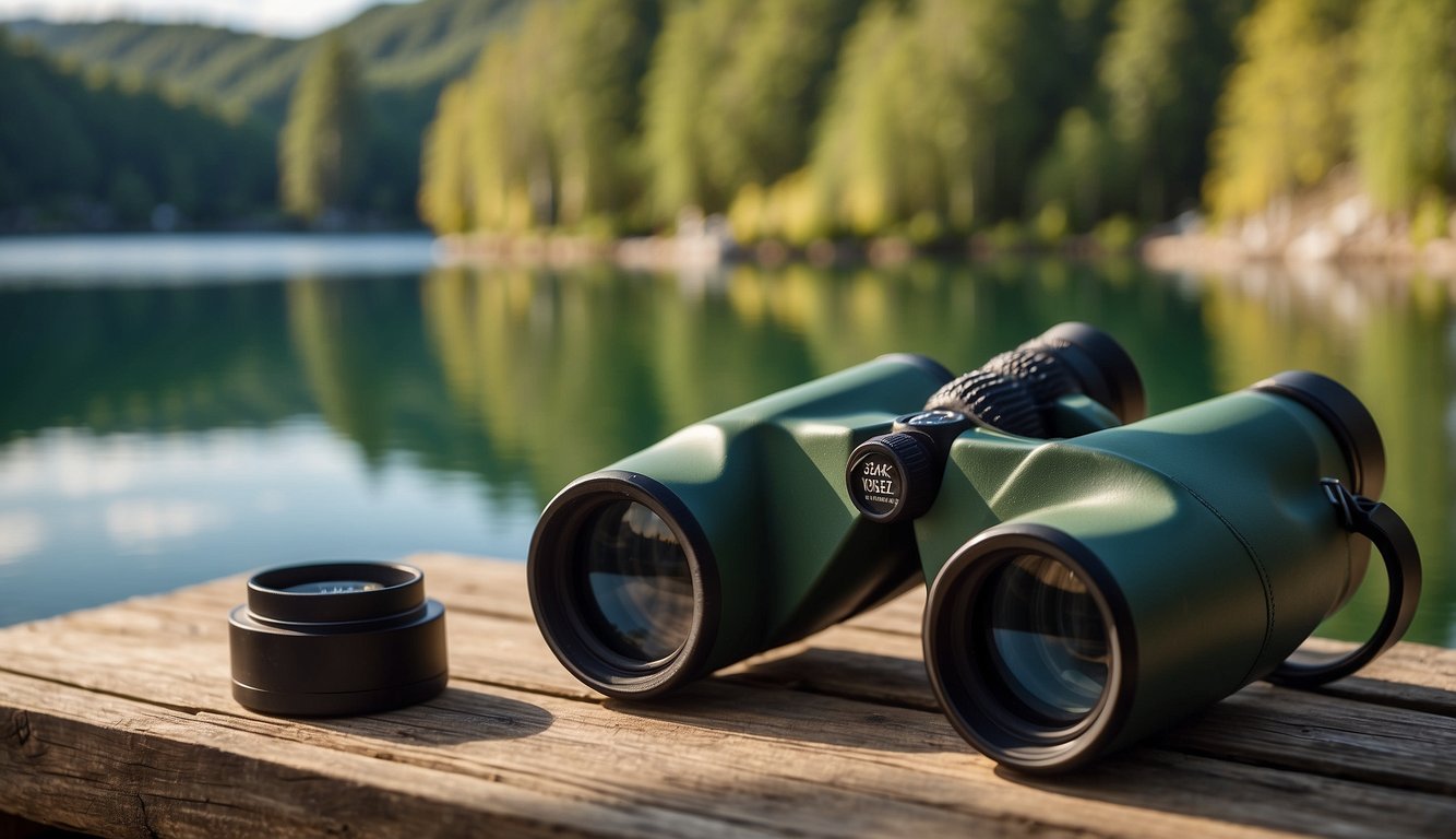 A pair of marine binoculars rests on a wooden table next to a camping tent, with a serene lake and lush forest in the background