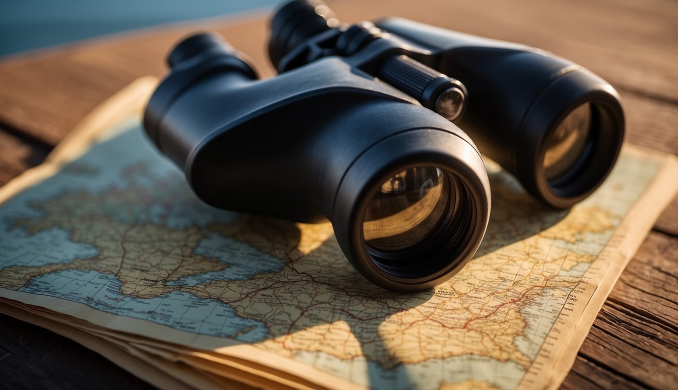 A pair of marine binoculars rests on a wooden table next to a compass and a map. The sun is setting over a calm, blue ocean in the background