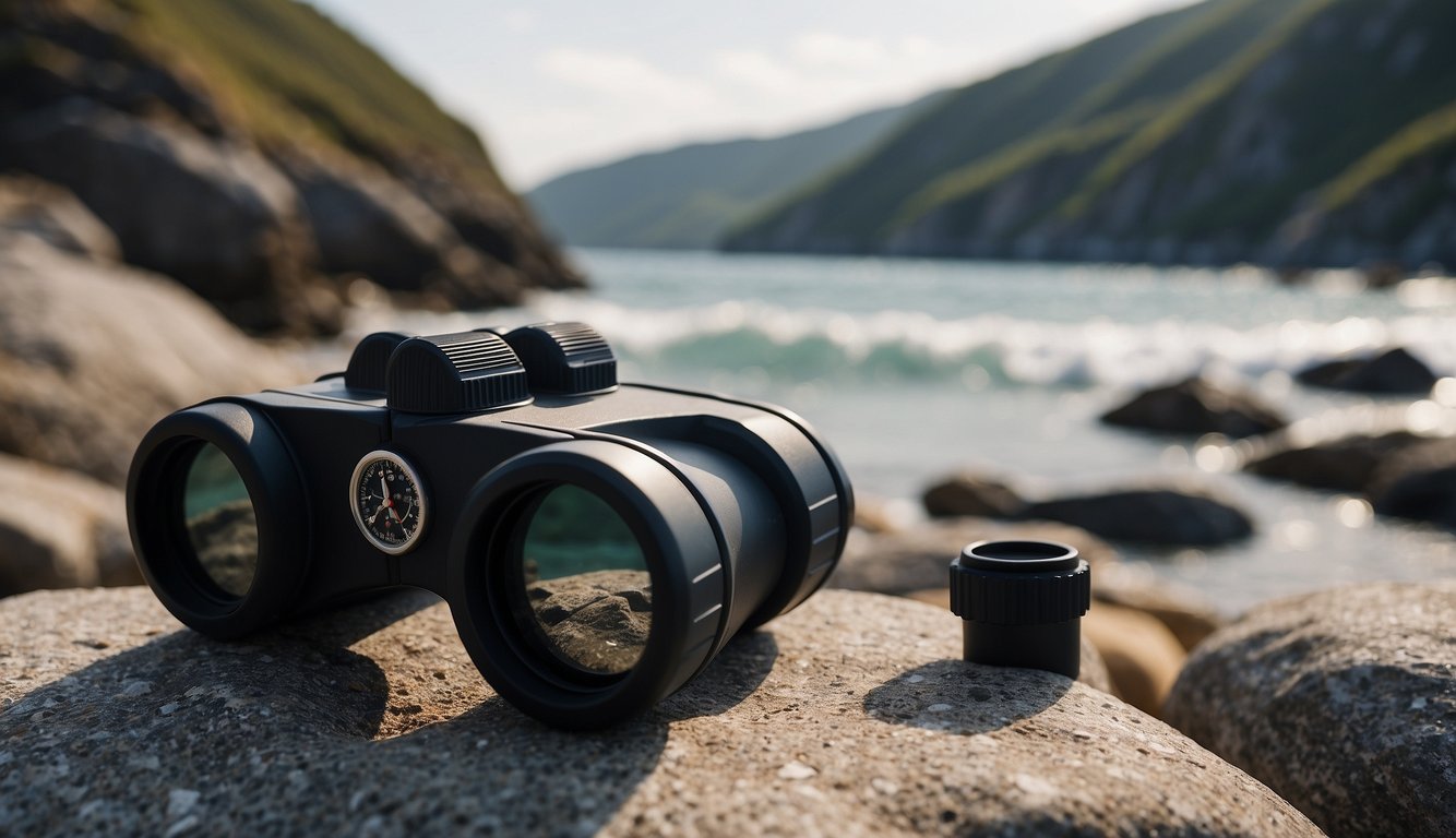 Marine binoculars on a rocky shore, with a compass and map. Waves crashing in the background, and a campsite visible in the distance