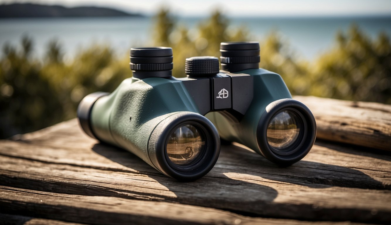 A pair of marine binoculars sits on a weathered wooden table, surrounded by camping gear. The binoculars are rugged and durable, with a sturdy build designed to withstand the harsh conditions of the open sea