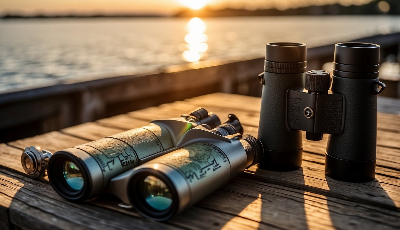 A pair of marine binoculars rests on a wooden dock, with a compass and map nearby. The sun is setting over the calm waters, casting a warm glow on the scene