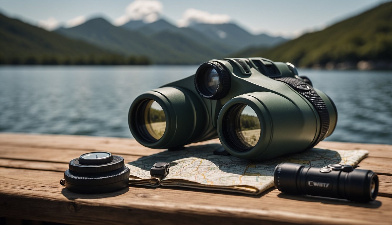 Marine binoculars on a camping table with a compass, map, and flashlight. A serene water landscape in the background