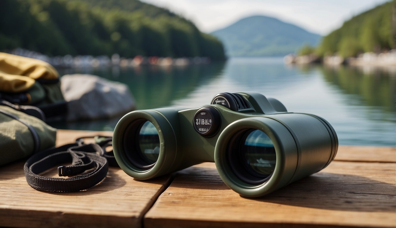 A pair of marine binoculars sits on a wooden table, surrounded by camping gear. The backdrop shows a serene waterfront with boats and distant land