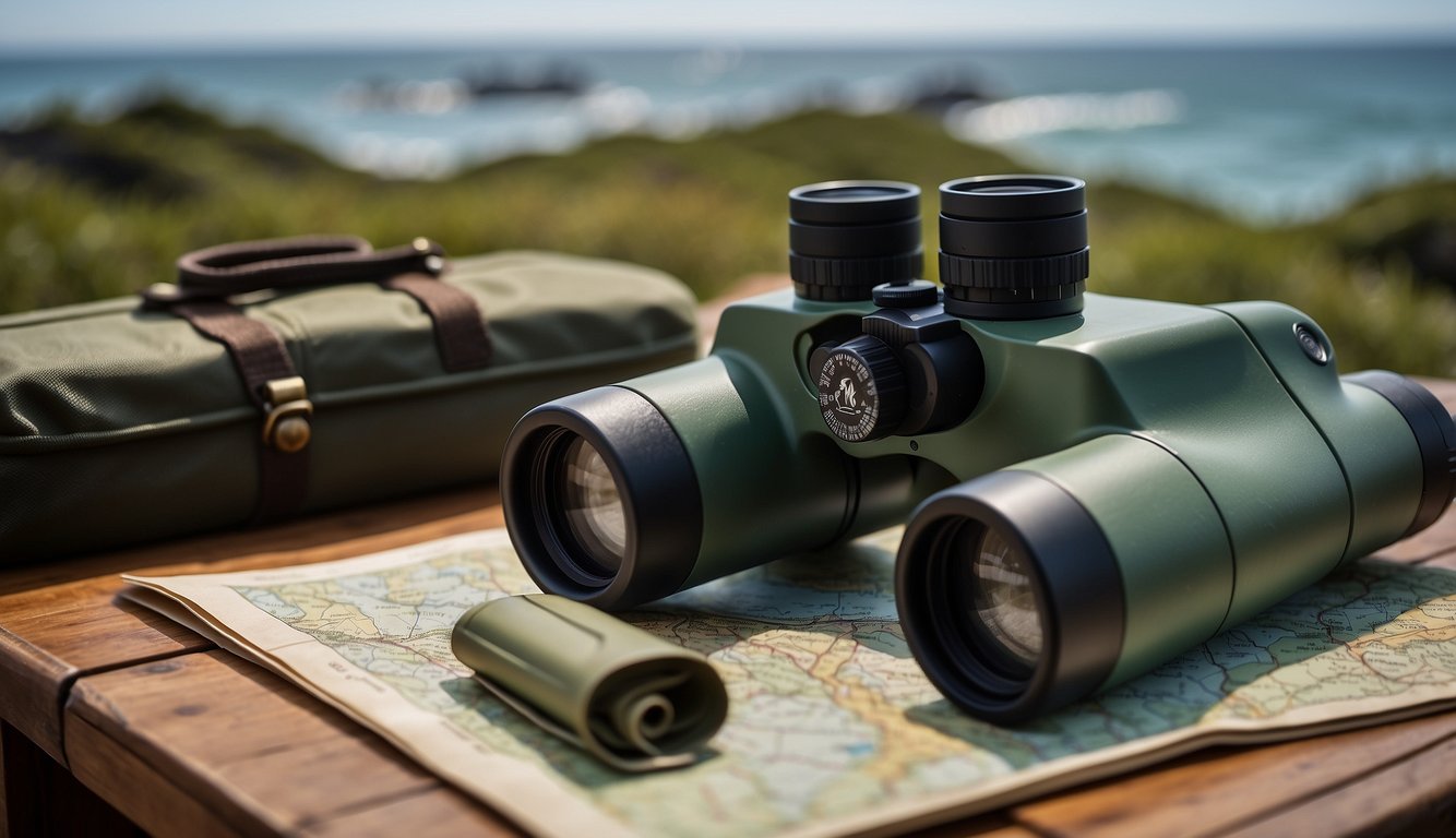 Marine binoculars laid out on a camping table, surrounded by compass, maps, and camping gear. Ocean waves in the background