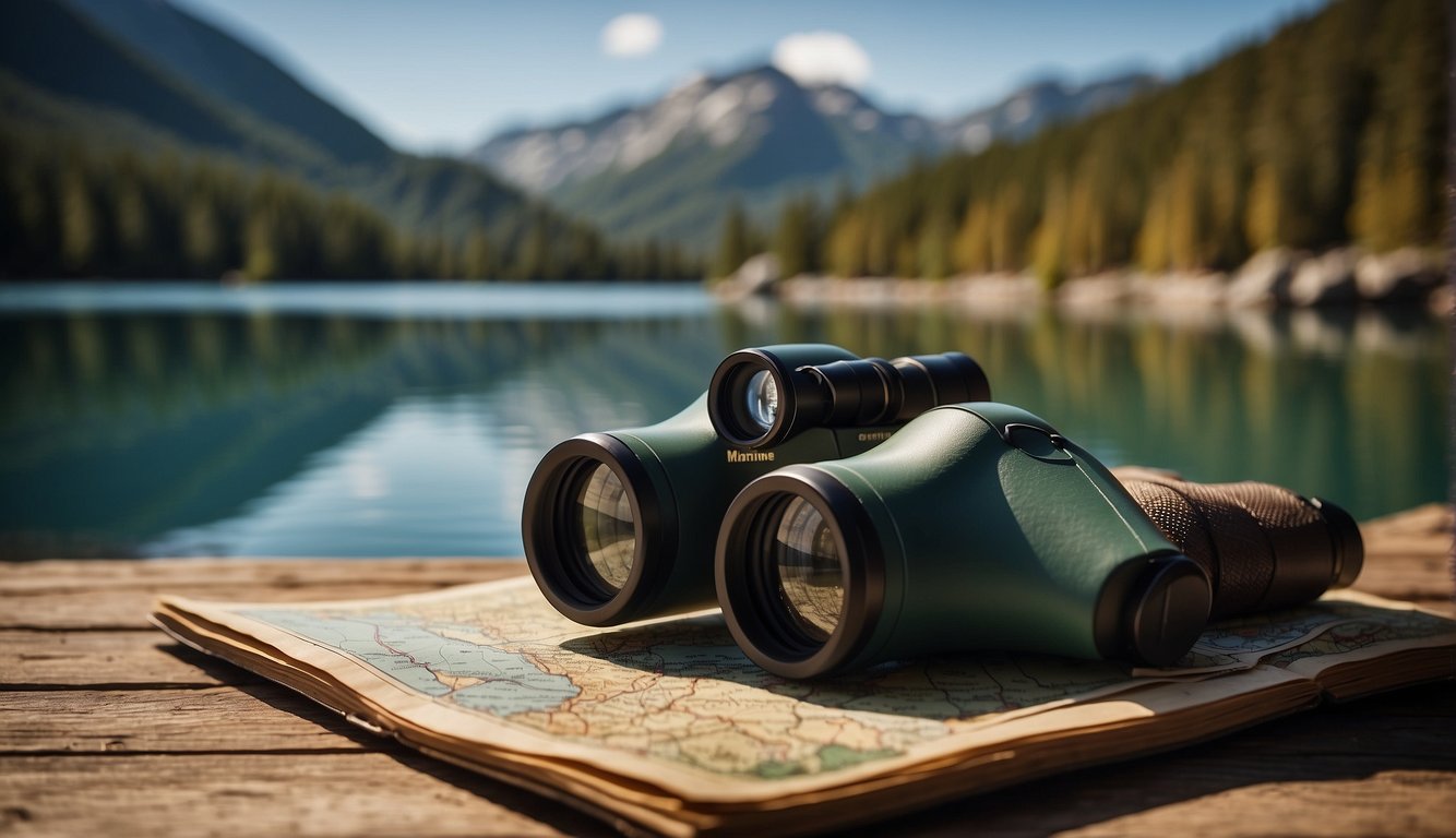 A pair of marine binoculars rests on a wooden table, surrounded by a compass, map, and flashlight. The backdrop is a serene lake with a small camping tent in the distance