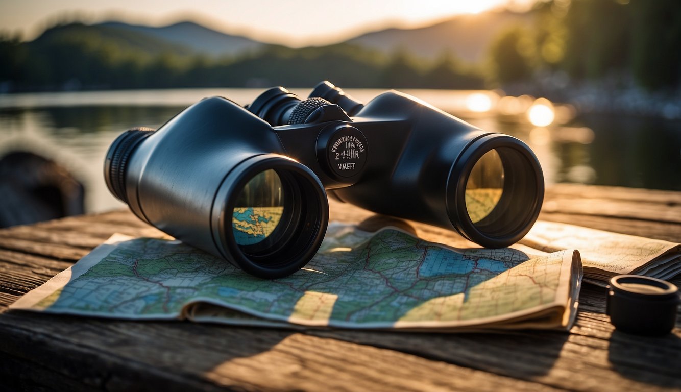 A pair of marine binoculars sits on a rustic wooden table, surrounded by camping gear and a map. The sun is setting over a calm, blue lake in the background