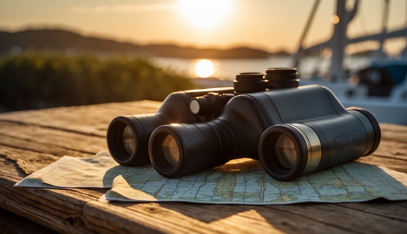 A pair of marine binoculars rests on a weathered wooden table, surrounded by nautical charts and a compass. The setting sun casts a warm glow over the scene, evoking a sense of adventure and exploration