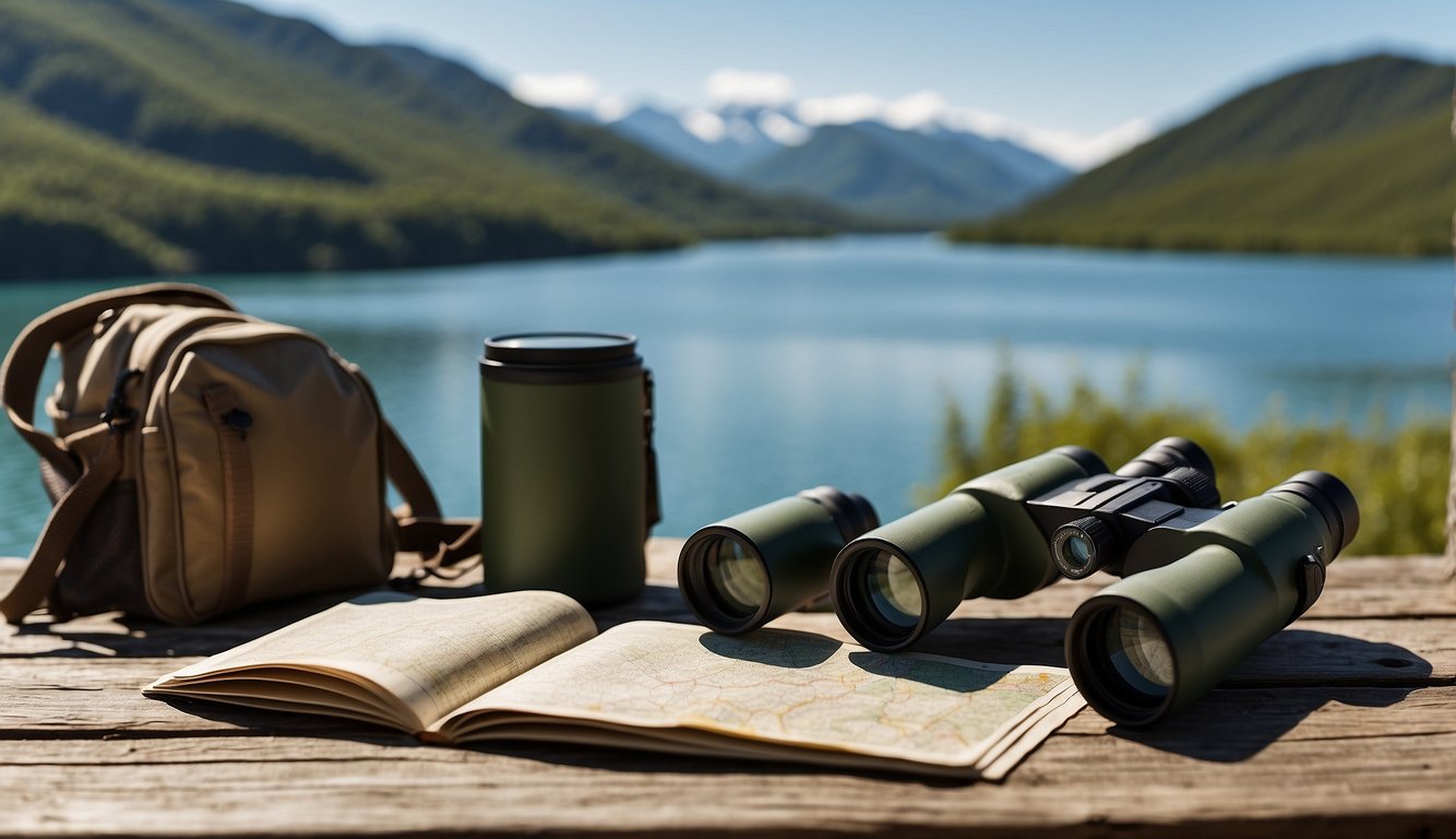 A pair of marine binoculars resting on a rustic camping table, surrounded by a compass, map, and a rugged backpack. The backdrop includes a serene lake with distant mountains and a clear blue sky