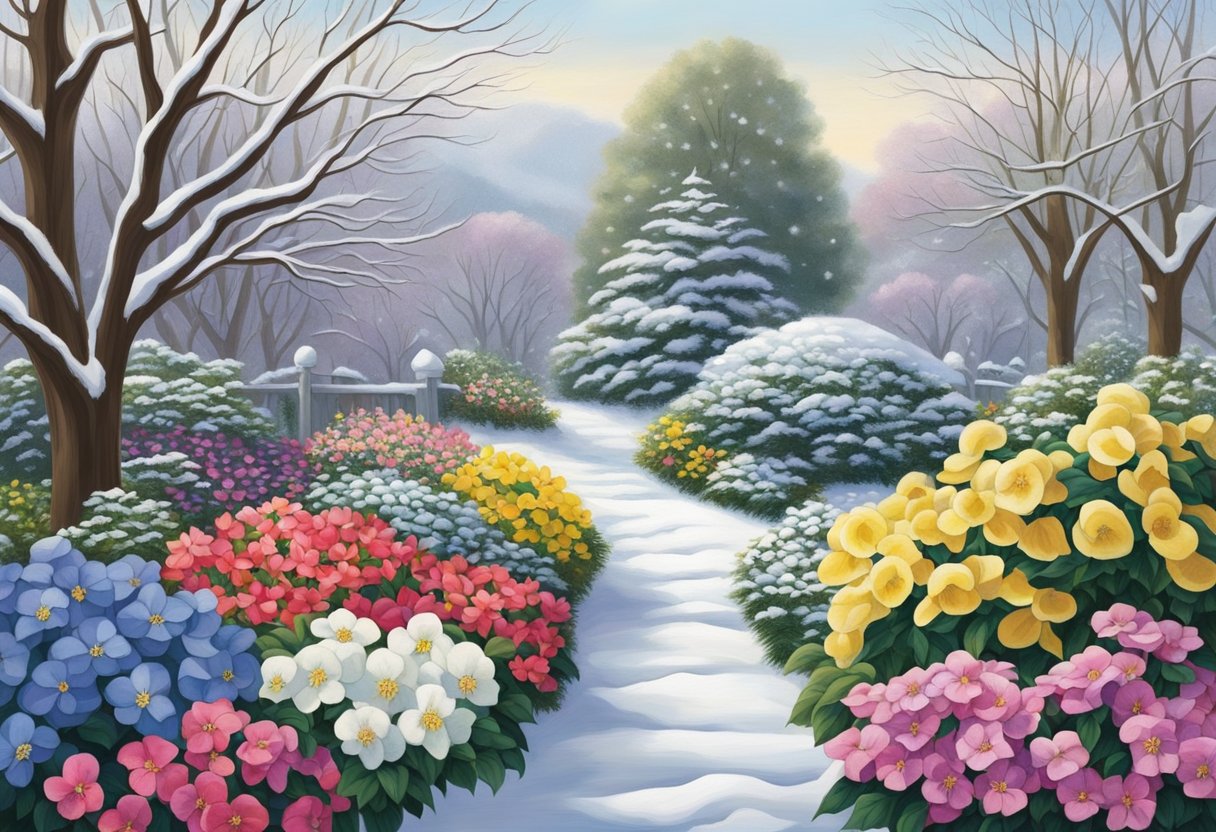 Winter garden with snow-covered ground, evergreen trees, and colorful flowers like hellebores, winter jasmine, and pansies. A peaceful, serene scene with pops of vibrant color against the cold backdrop