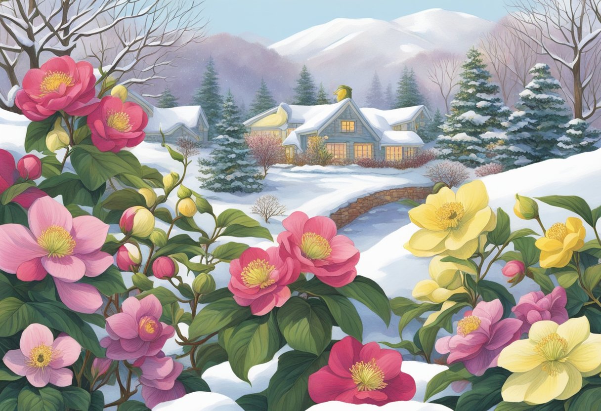 Vibrant winter blooms pop against a snowy backdrop, showcasing hellebores, camellias, and winter jasmine. The garden bursts with color, offering a striking contrast to the winter landscape