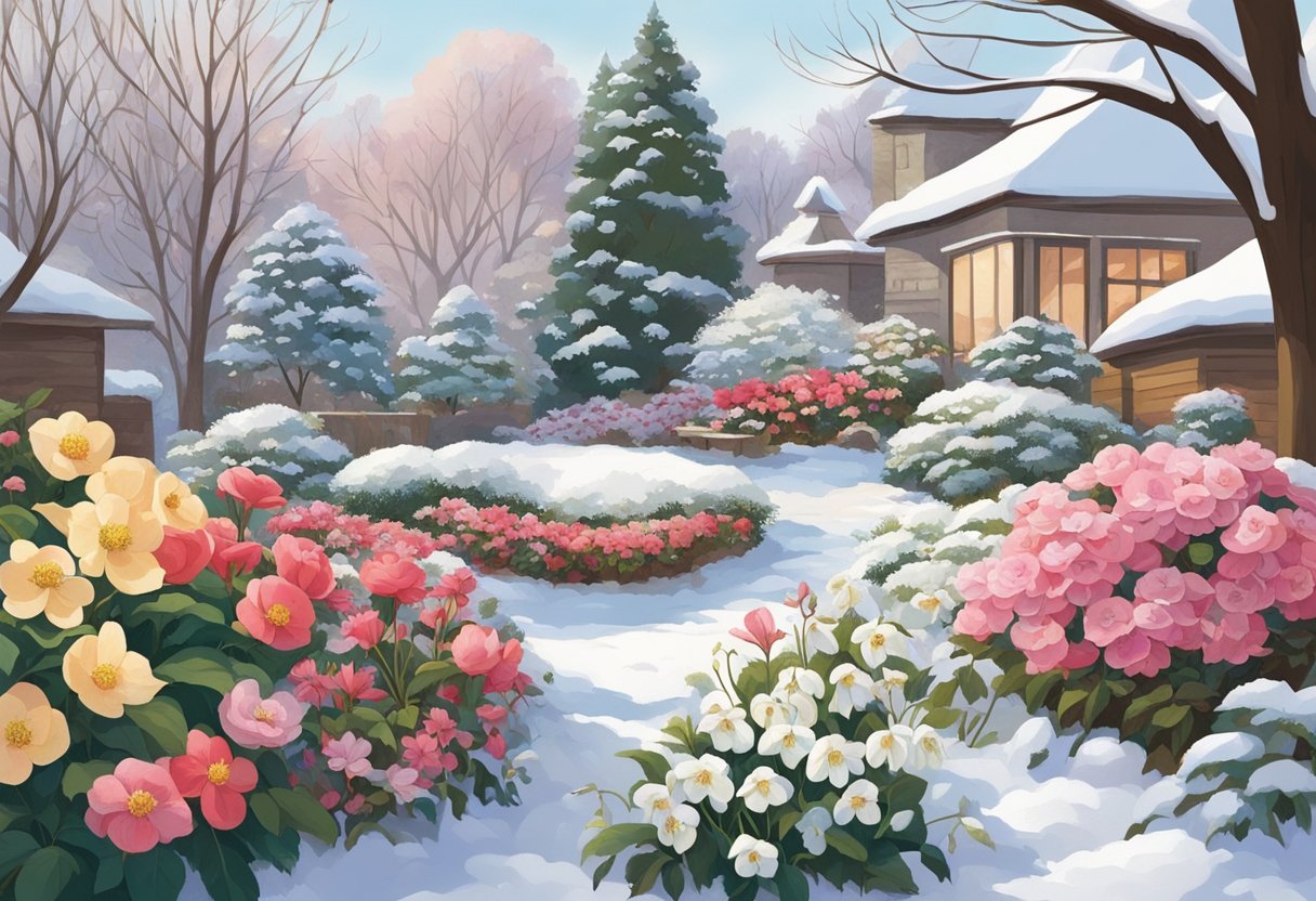 Vibrant winter-blooming flowers cover the snowy ground, adding pops of color to the seasonal garden. Snowdrops, hellebores, and camellias bloom in various shades of white, pink, and red, creating a picturesque winter