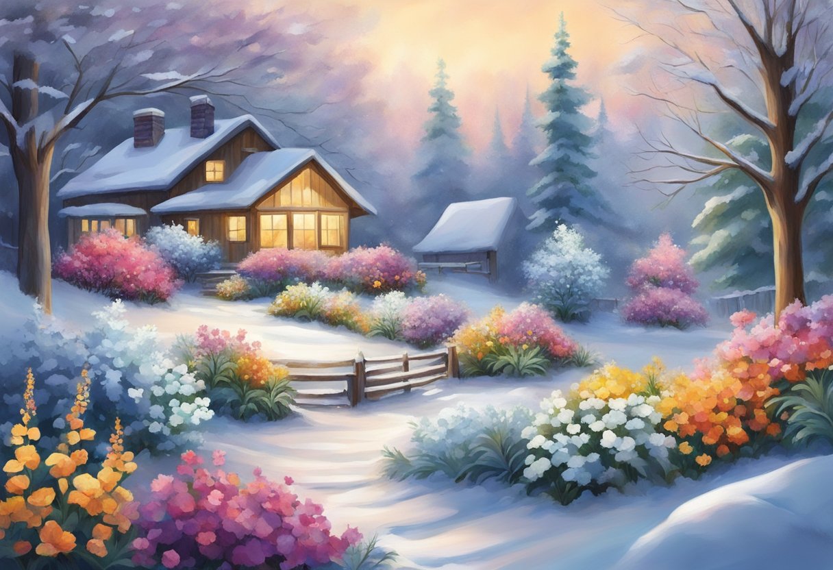 Vibrant winter flowers in various hues bloom in a snowy garden, adding bursts of color to the serene, frost-covered landscape