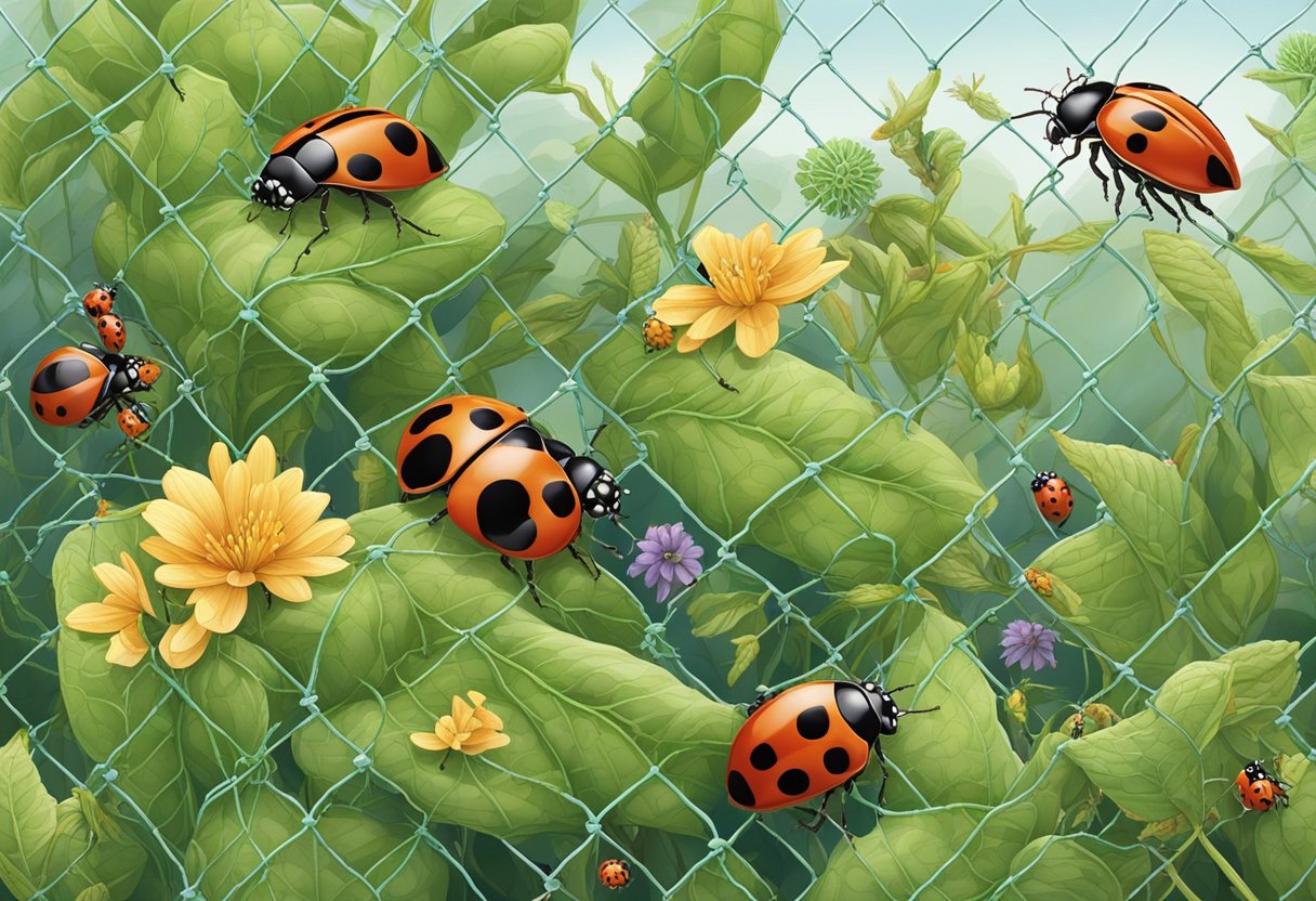 A garden scene with ladybugs and praying mantises preying on aphids and caterpillars, while a net covers the plants to protect them from birds and other larger pests