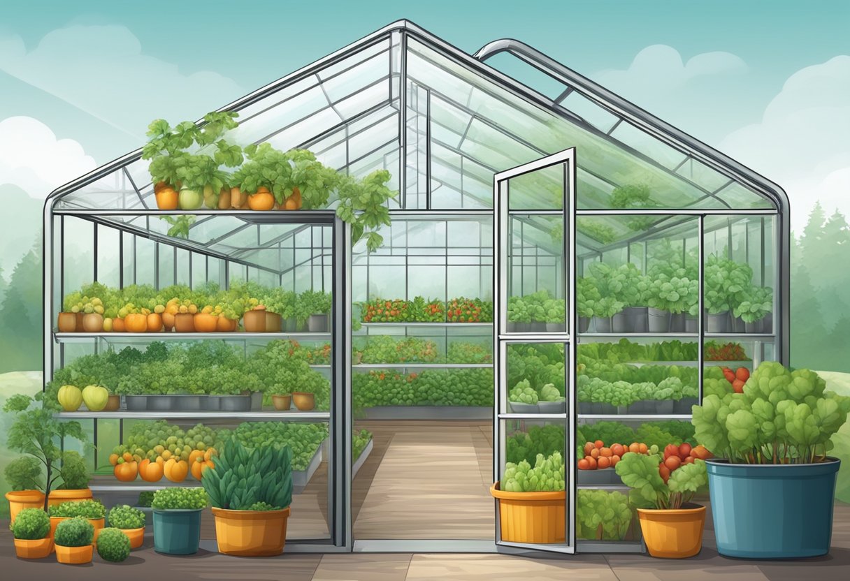 A greenhouse with various fruits and vegetables thriving in different stages of growth, surrounded by frost-resistant plants and insulated containers