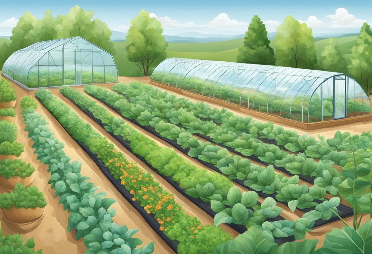 A diverse landscape with varying temperatures and vegetation. Greenhouses and row covers extend the growing season. Different microclimates support year-round harvests