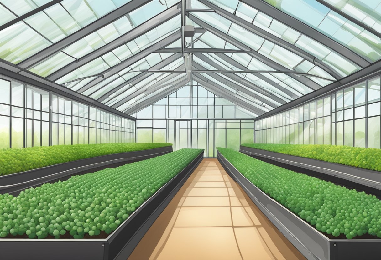 A greenhouse with rows of plants, heat lamps, and insulation materials to extend the growing season