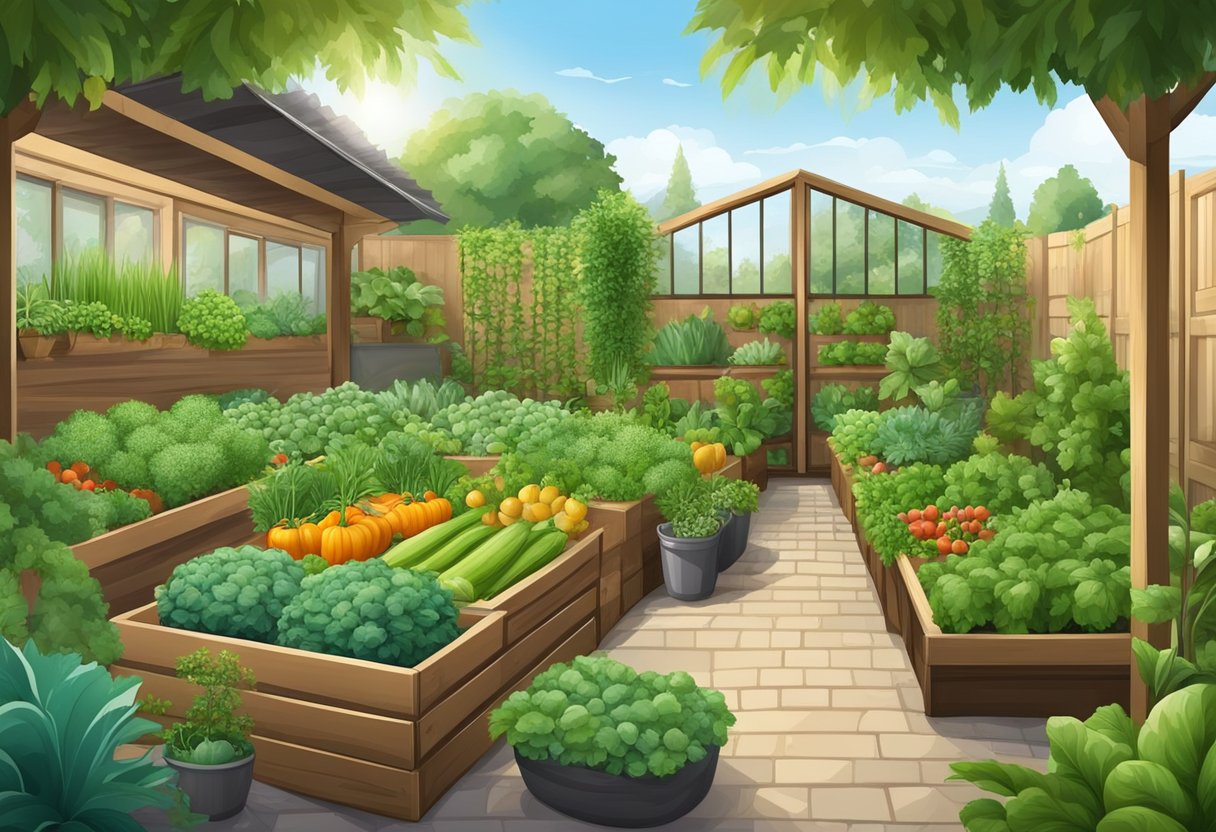 A lush garden with a variety of crops, including vegetables and fruits, surrounded by protective coverings and equipped with tools for extending the growing season