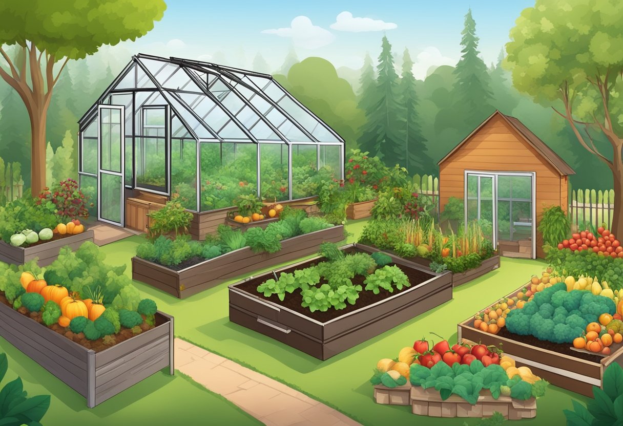 Lush garden with a variety of fruits and vegetables, greenhouses and cold frames for winter, and a compost area for soil enrichment