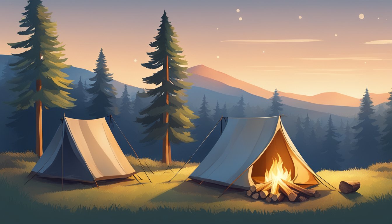 A tent sits on a grassy hilltop, surrounded by tall trees and a clear blue sky. A small campfire burns nearby, with a stack of firewood next to it