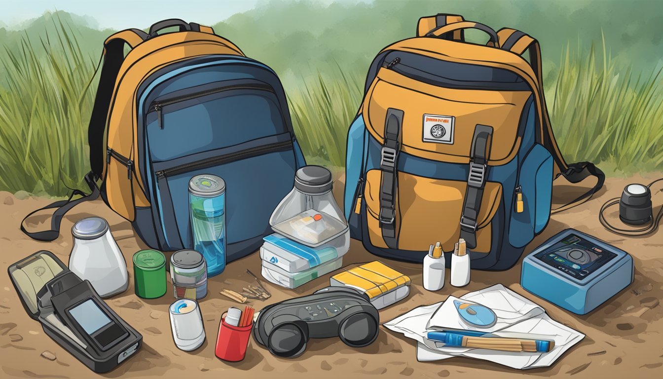 A backpack sits open on the ground, filled with essentials like a compass, first aid kit, and waterproof matches. A weather radio and portable stove are nearby, ready for use