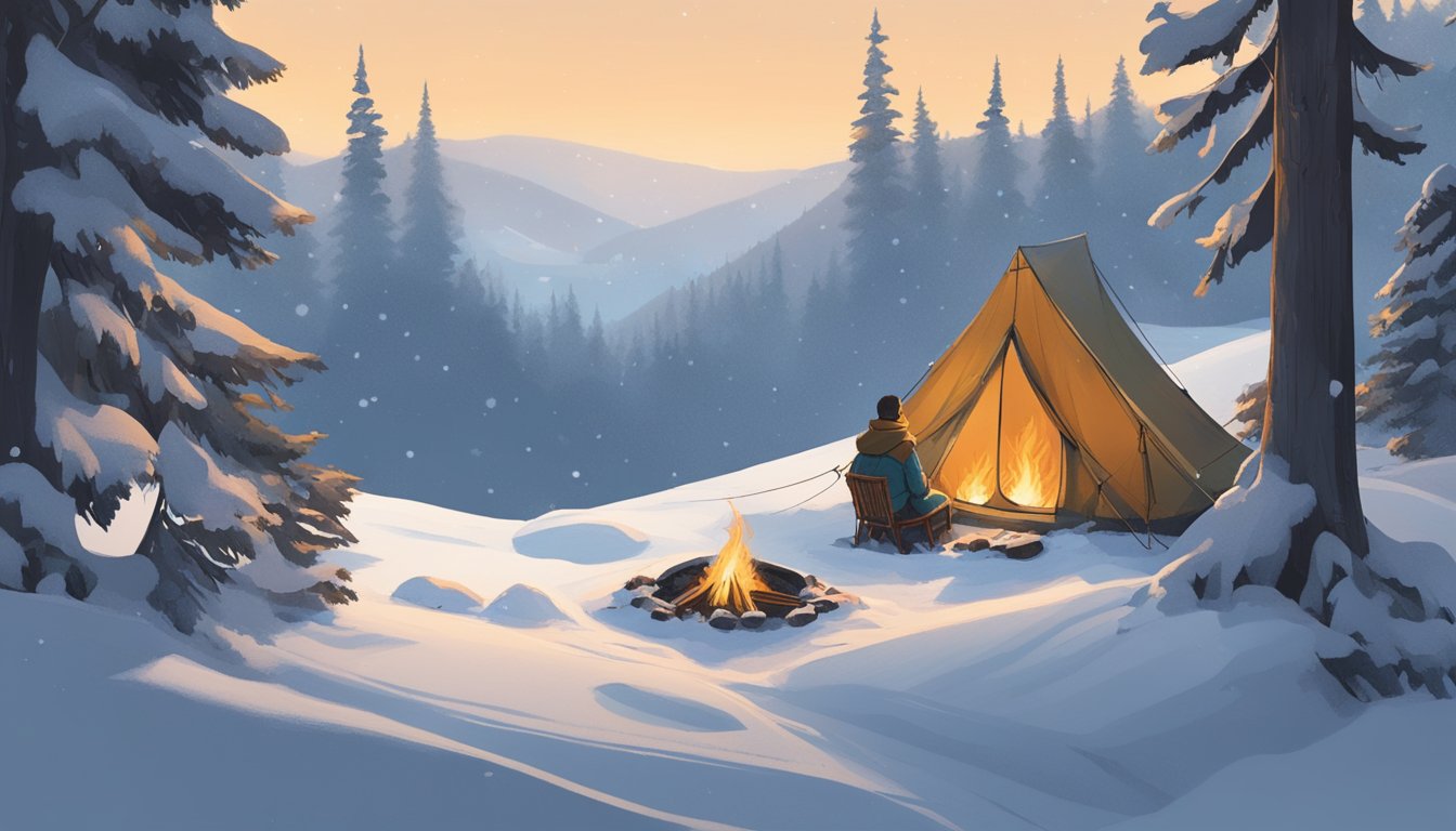 A tent surrounded by snow-covered trees, with a small campfire burning and smoke rising into the cold, clear sky. A person's breath is visible in the air, and a pair of snowshoes are leaning against a tree